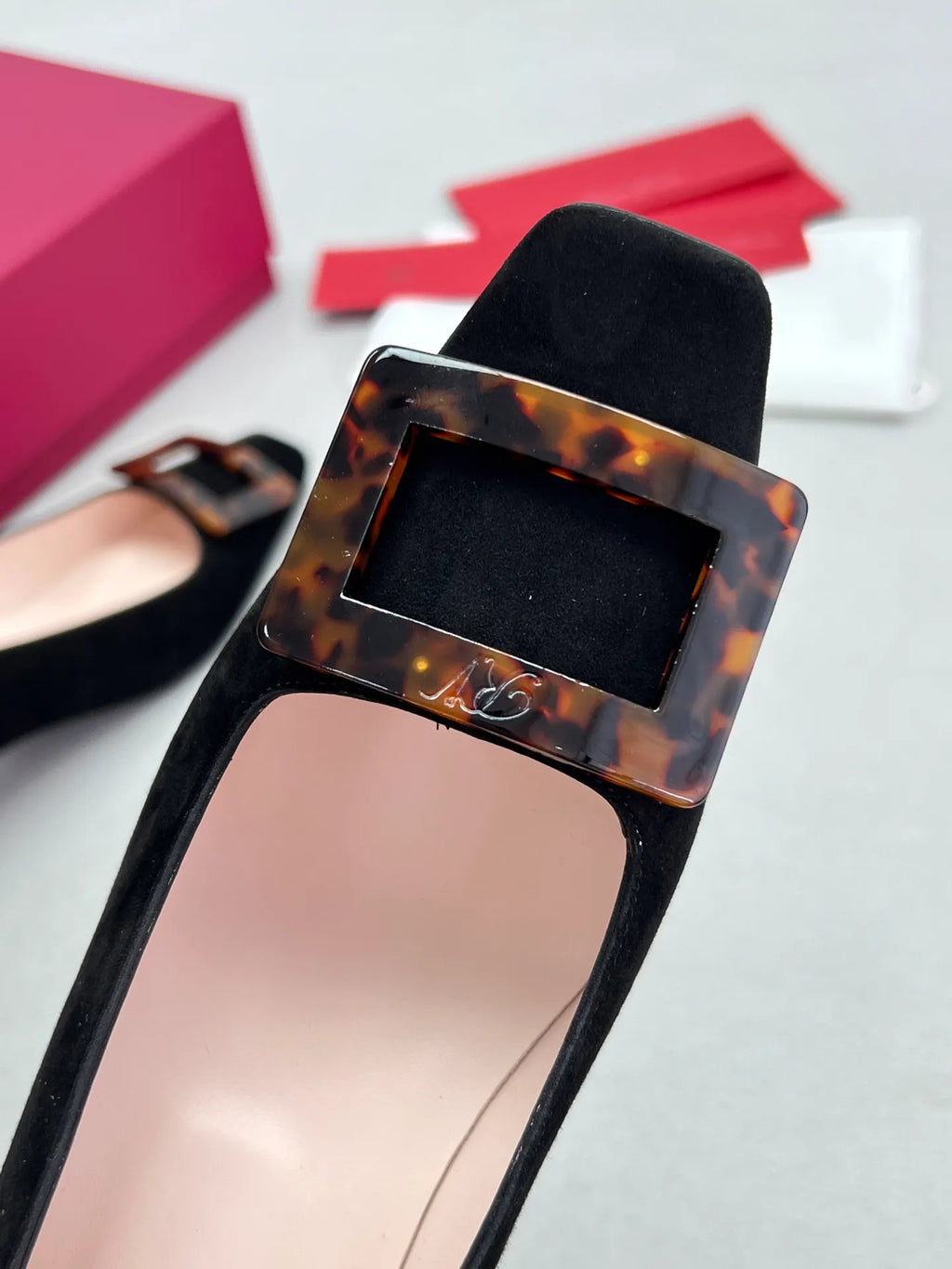 Suede Tortoiseshell Buckle Block Heels 255461