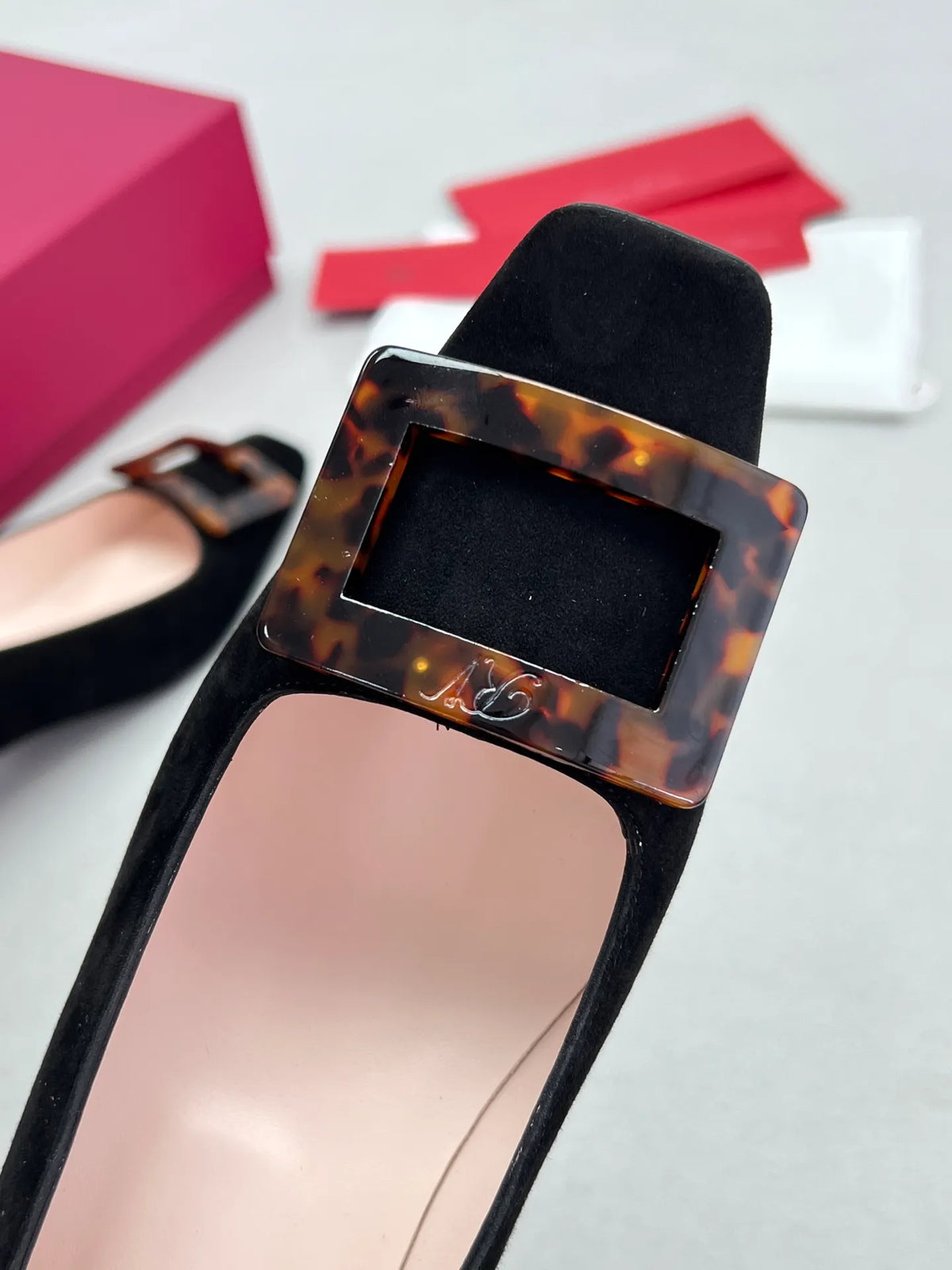 Suede Tortoiseshell Buckle Block Heels 255461