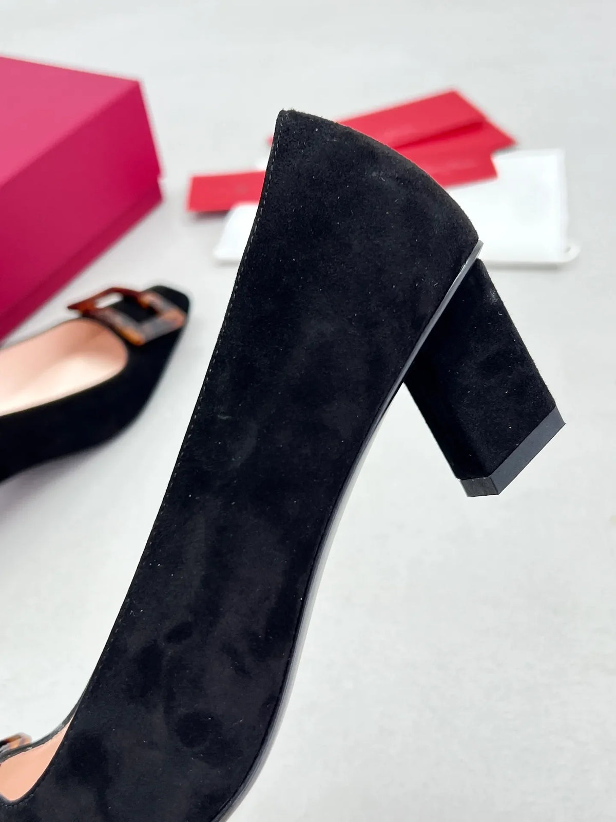 Suede Tortoiseshell Buckle Block Heels 255461