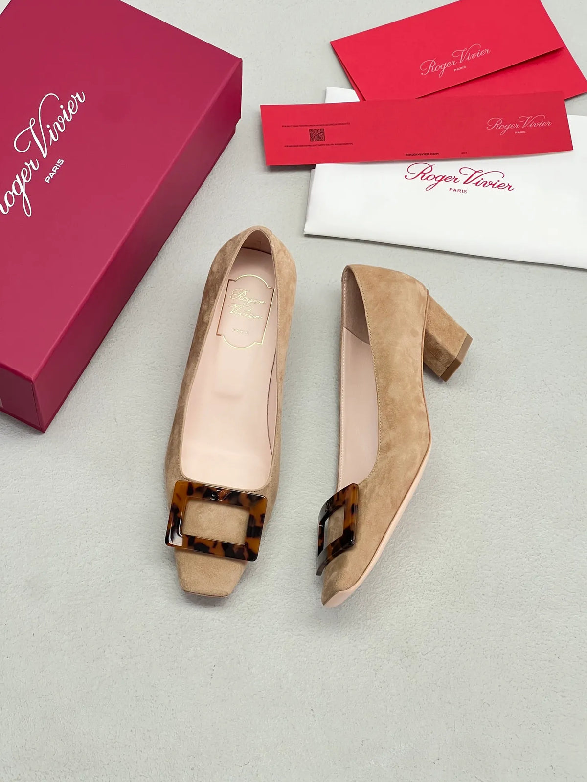 Suede Tortoiseshell Buckle Block Heels 255463