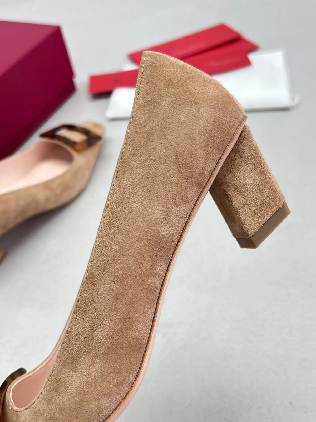 Suede Tortoiseshell Buckle Block Heels 255463
