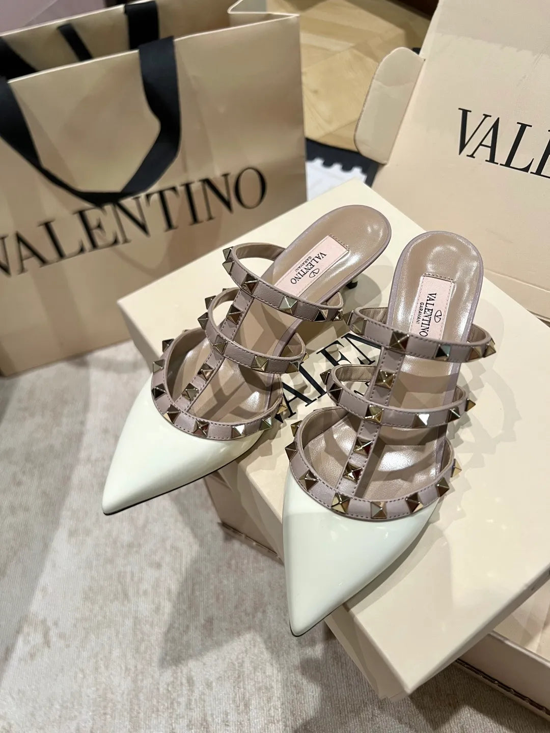 Valentino Women's Patent Leather Studded Kitten Heel Mules 2in