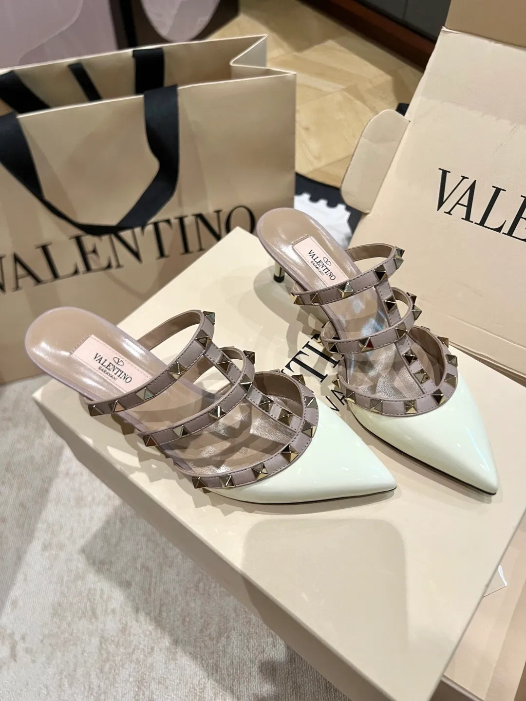 Valentino Women's Patent Leather Studded Kitten Heel Mules 2in