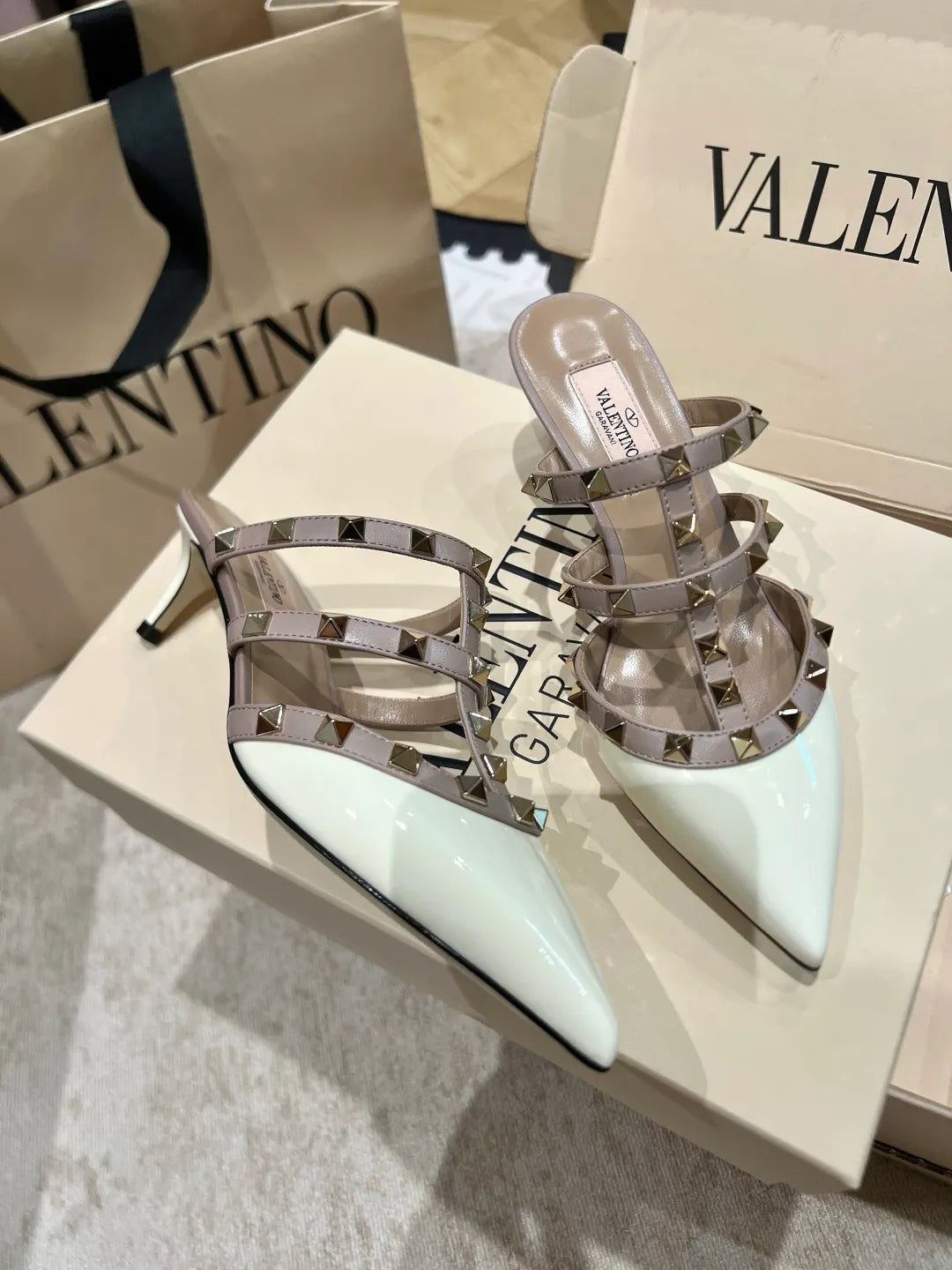 Valentino Women's Patent Leather Studded Kitten Heel Mules 2in