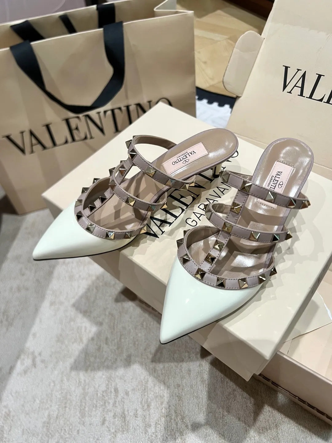 Valentino Women's Patent Leather Studded Kitten Heel Mules 2in