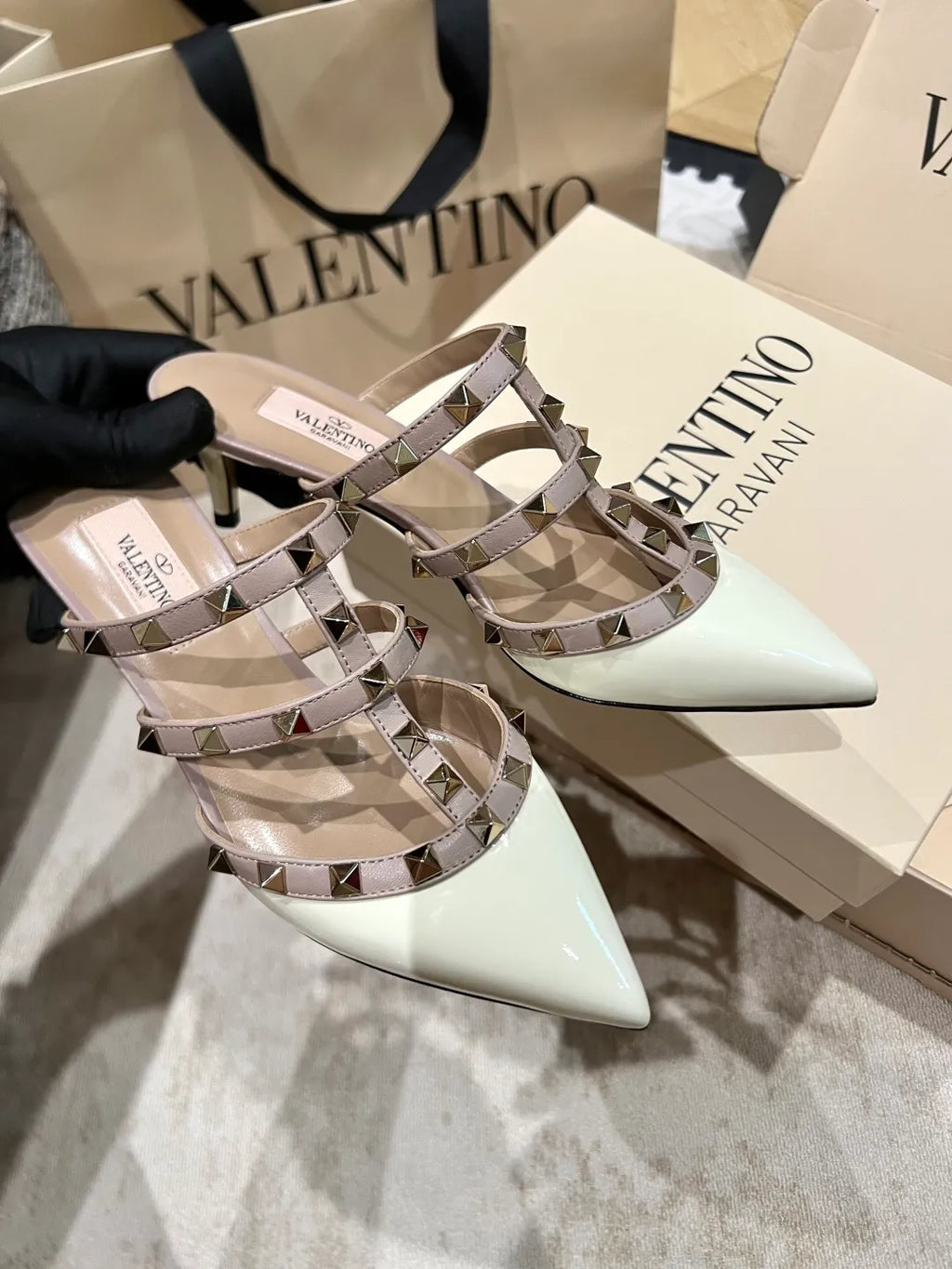 Valentino Women's Patent Leather Studded Kitten Heel Mules 2in