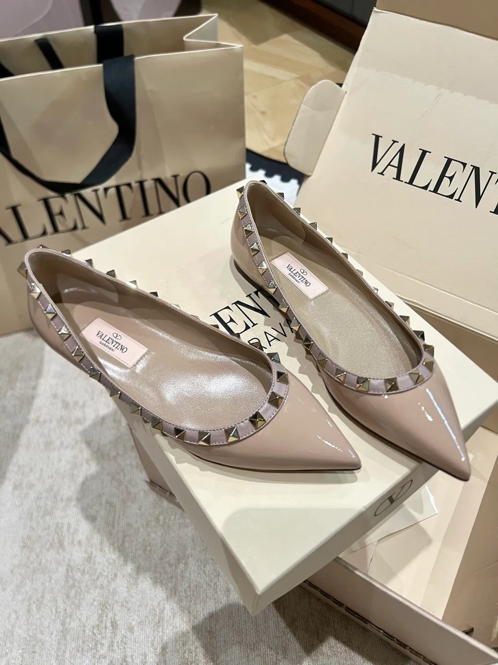 Valentino Women's Patent Leather Studded Pointed-Toe Flats