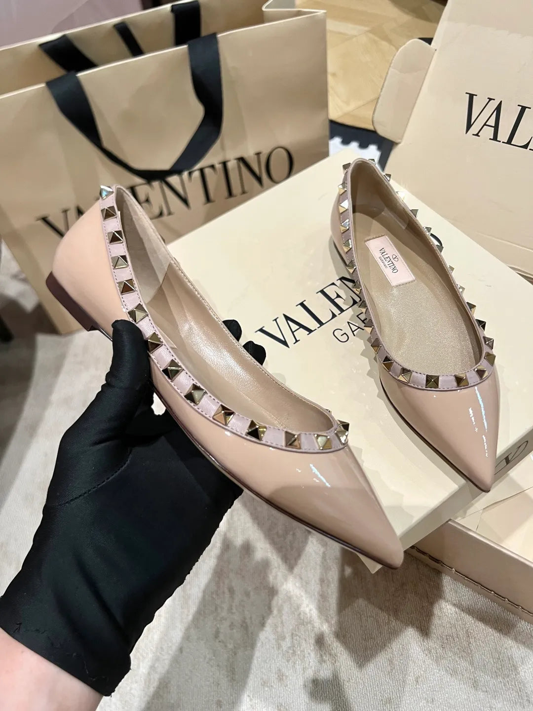 Valentino Women's Patent Leather Studded Pointed-Toe Flats