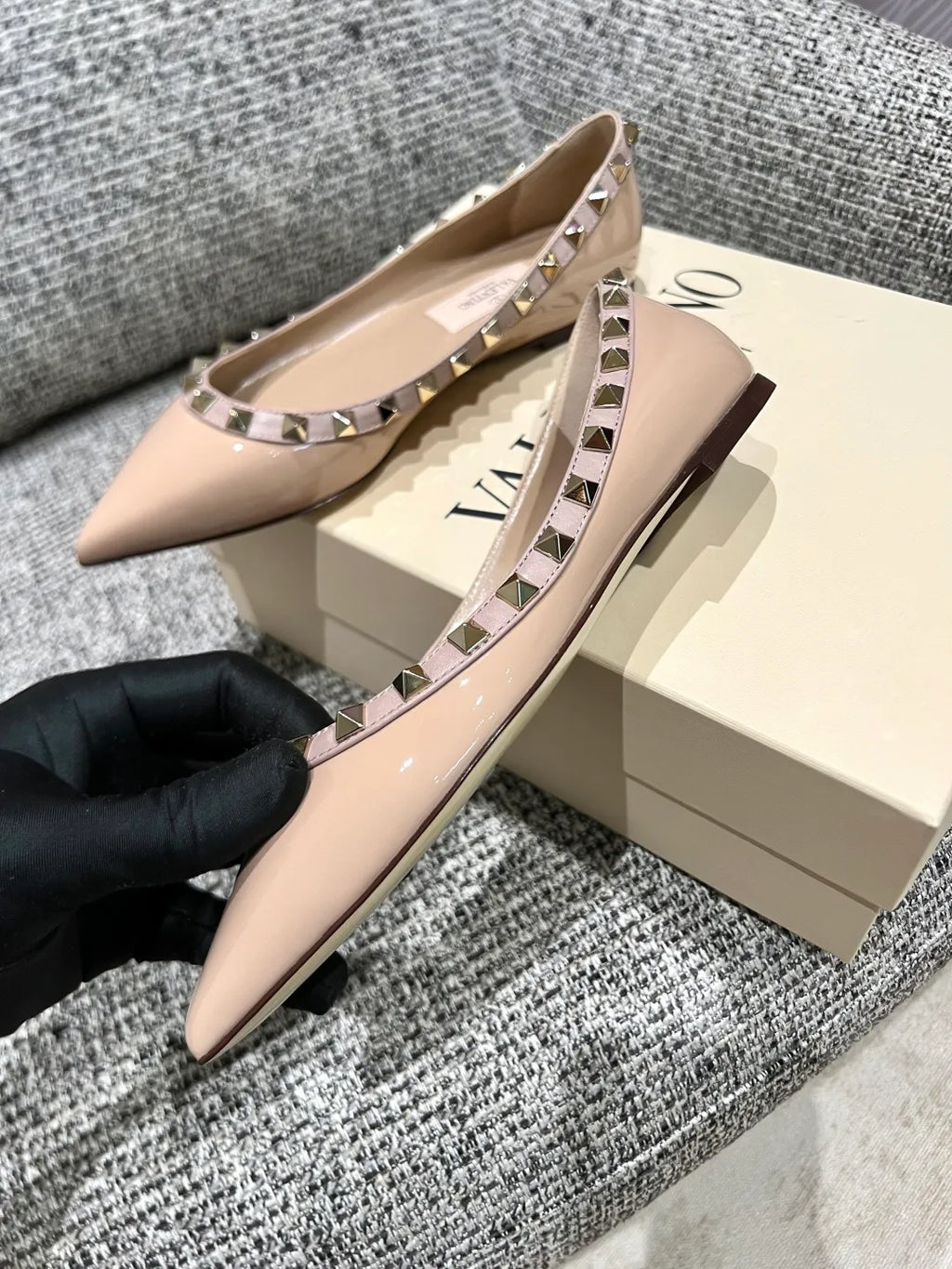 Valentino Women's Patent Leather Studded Pointed-Toe Flats