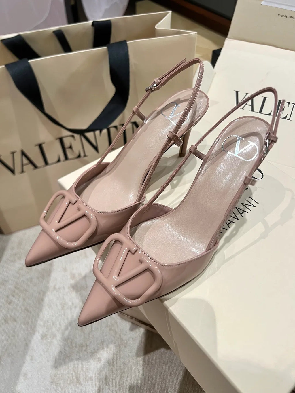 Valentino Women's Patent Leather V-Logo Slingback Heels 3.3in