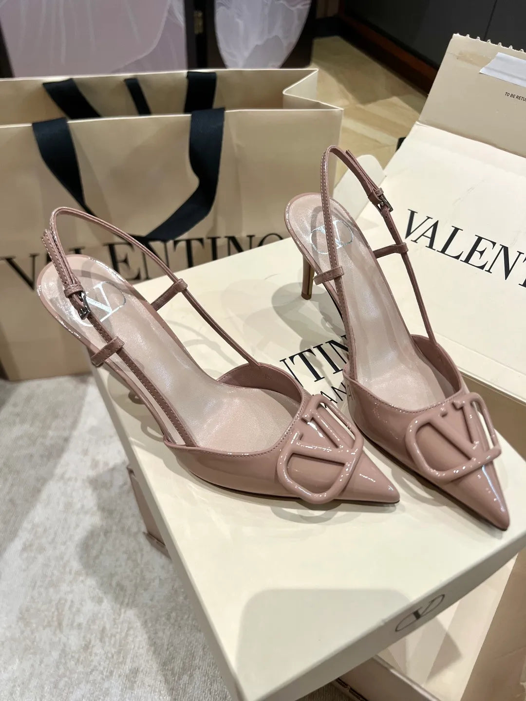 Valentino Women's Patent Leather V-Logo Slingback Heels 3.3in