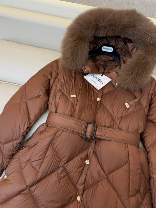 Women's 90% White Goose Down Fox Fur Collar Long Coat