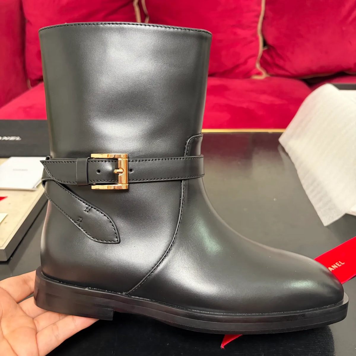 Women's Ankle Boots Black Glossy Cowhide Leather 349388