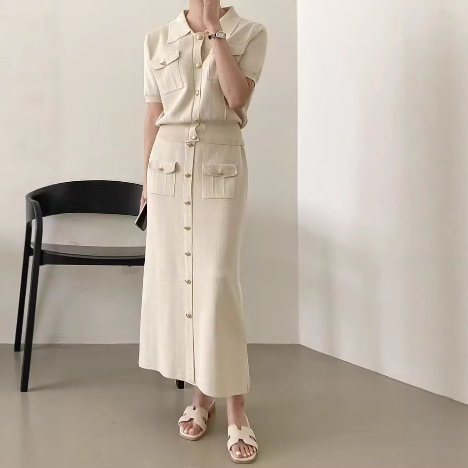 Women's Polo Collar Button Knit Top and Midi Skirt Set