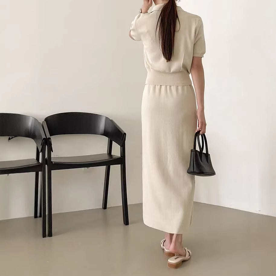 Women's Polo Collar Button Knit Top and Midi Skirt Set