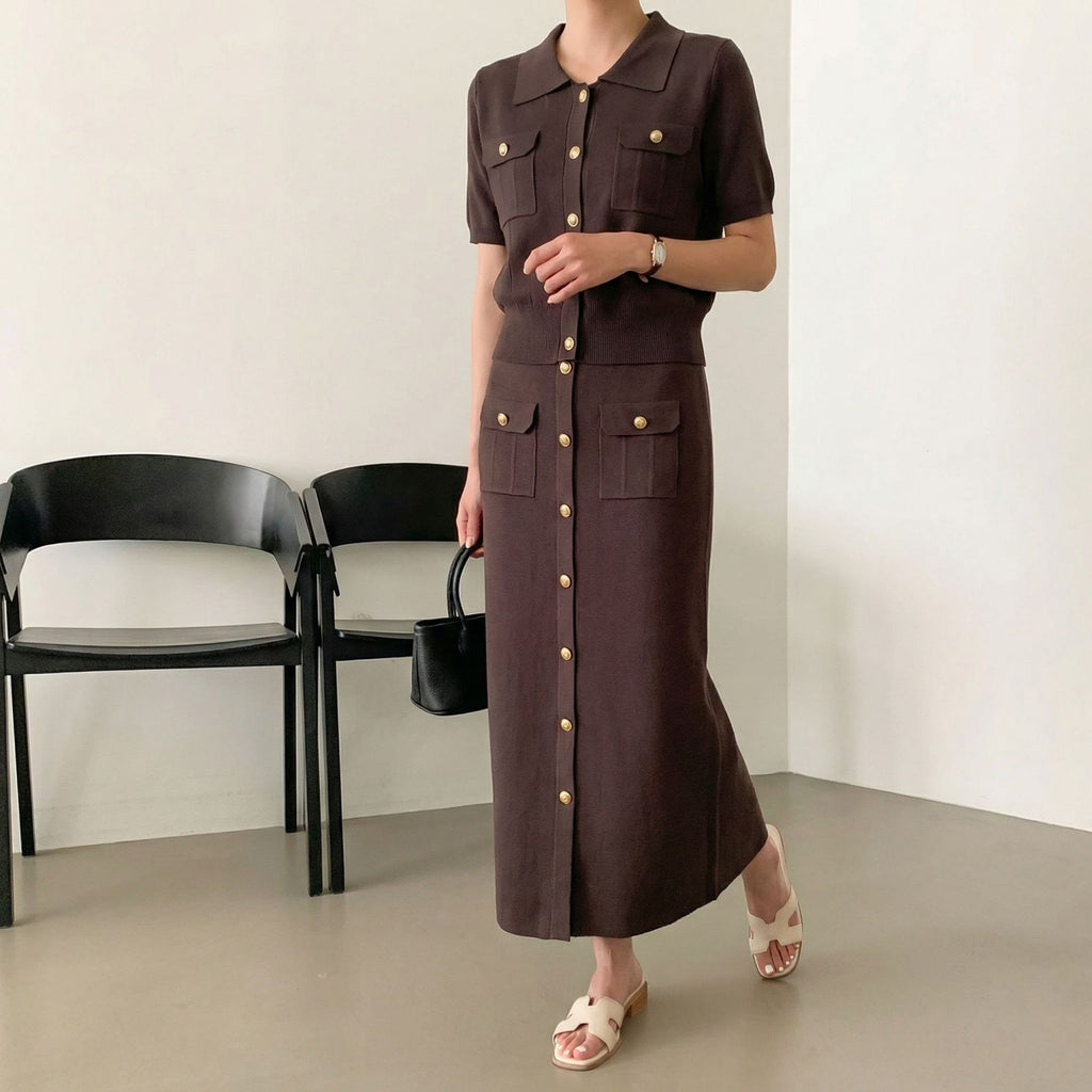 Women's Polo Collar Button Knit Top and Midi Skirt Set