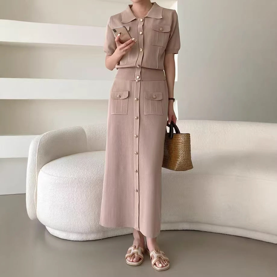Women's Polo Collar Button Knit Top and Midi Skirt Set