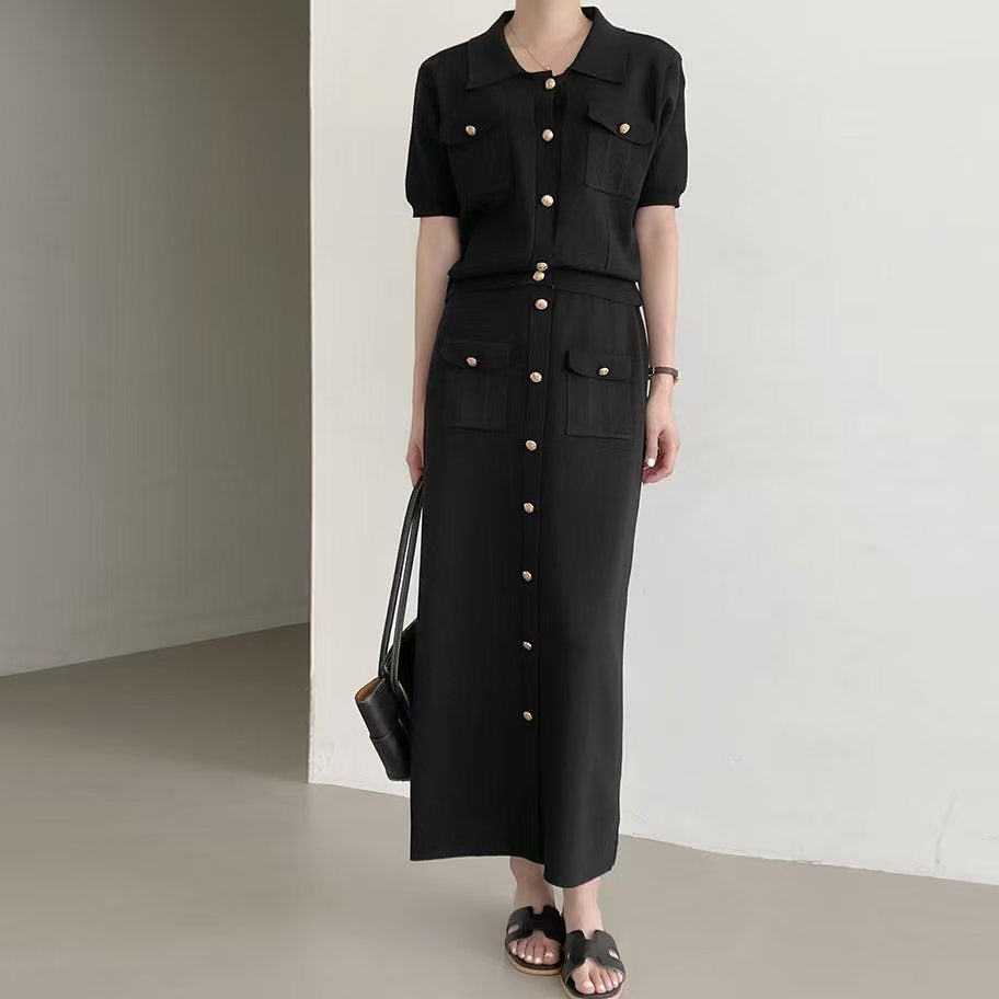 Women's Polo Collar Button Knit Top and Midi Skirt Set