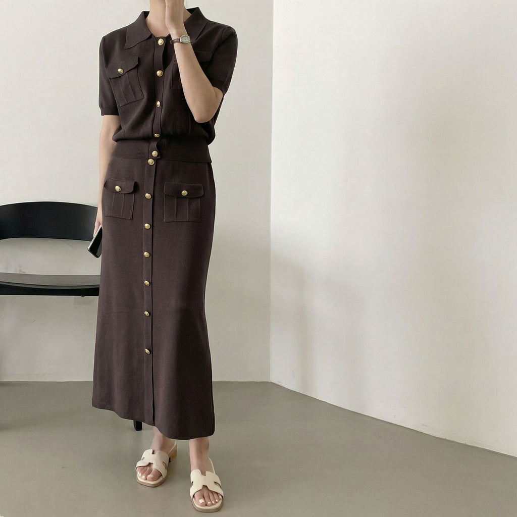 Women's Polo Collar Button Knit Top and Midi Skirt Set