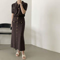 Women's Polo Collar Button Knit Top and Midi Skirt Set