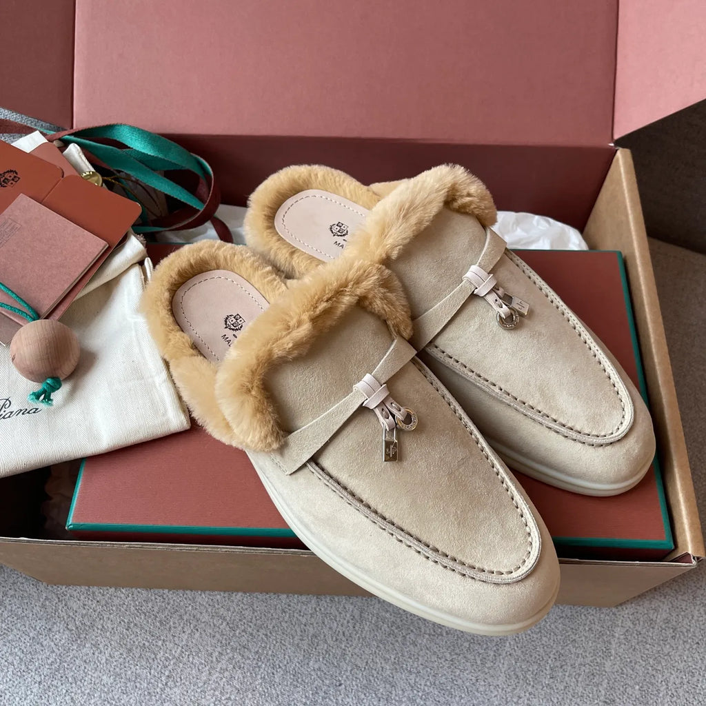 Women's Suede Beaver Fur Slippers 281095
