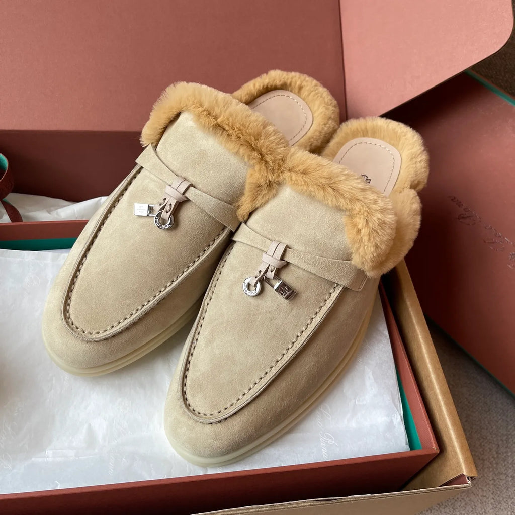 Women's Suede Beaver Fur Slippers 281095