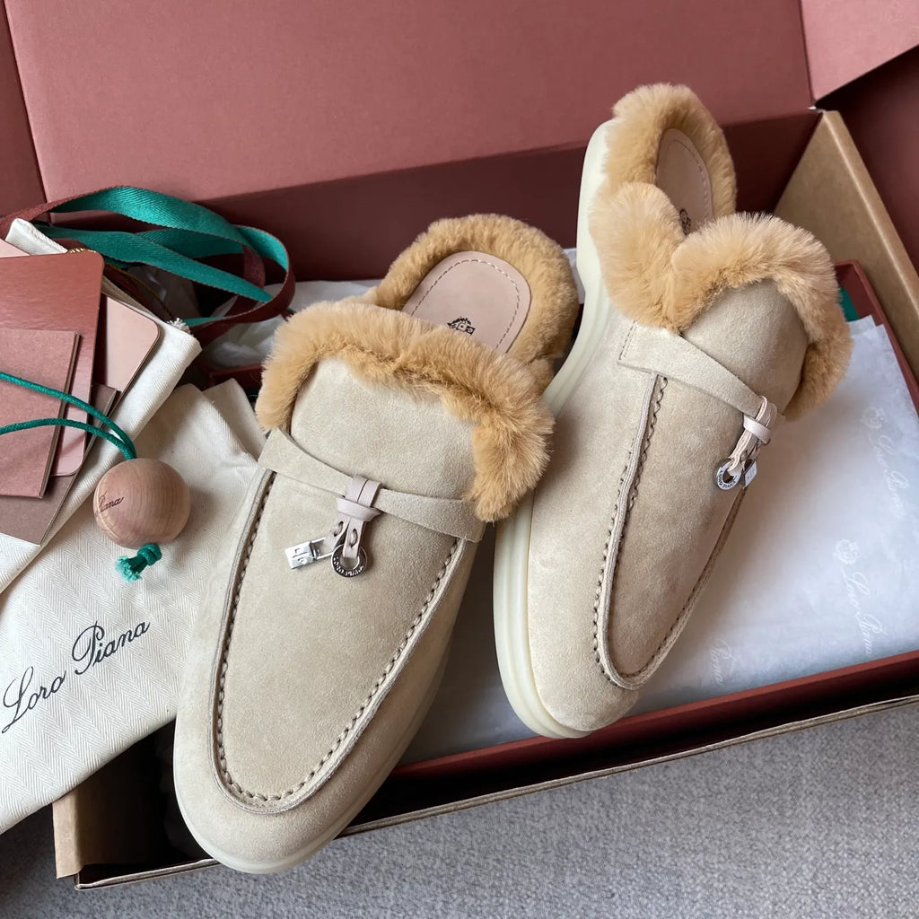 Women's Suede Beaver Fur Slippers 281095