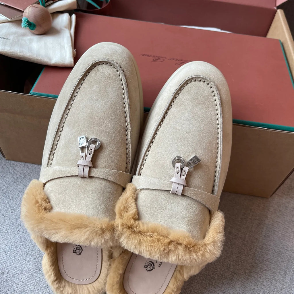 Women's Suede Beaver Fur Slippers 281095