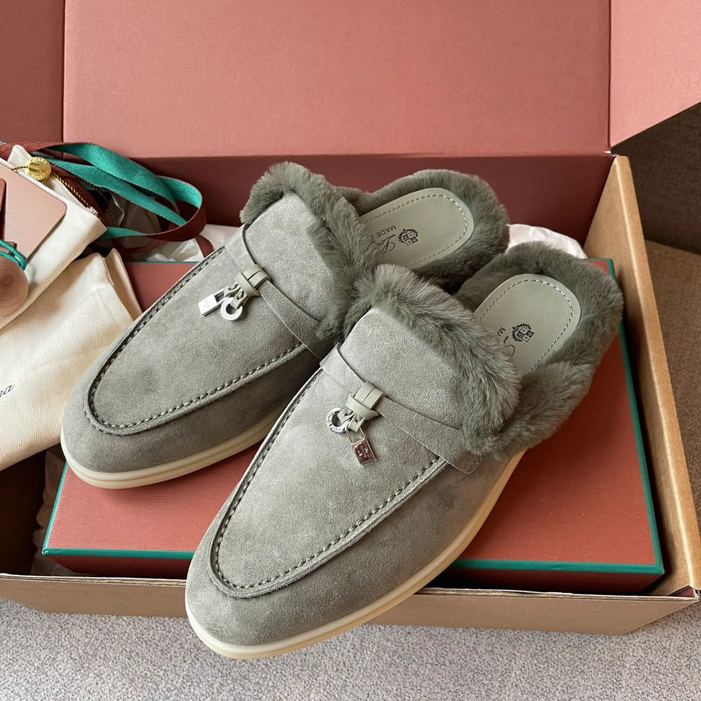 Women's Suede Beaver Fur Slippers 281099