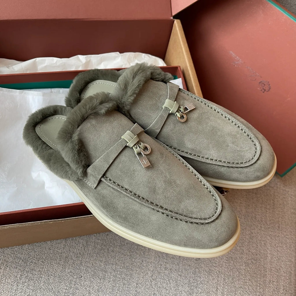 Women's Suede Beaver Fur Slippers 281099