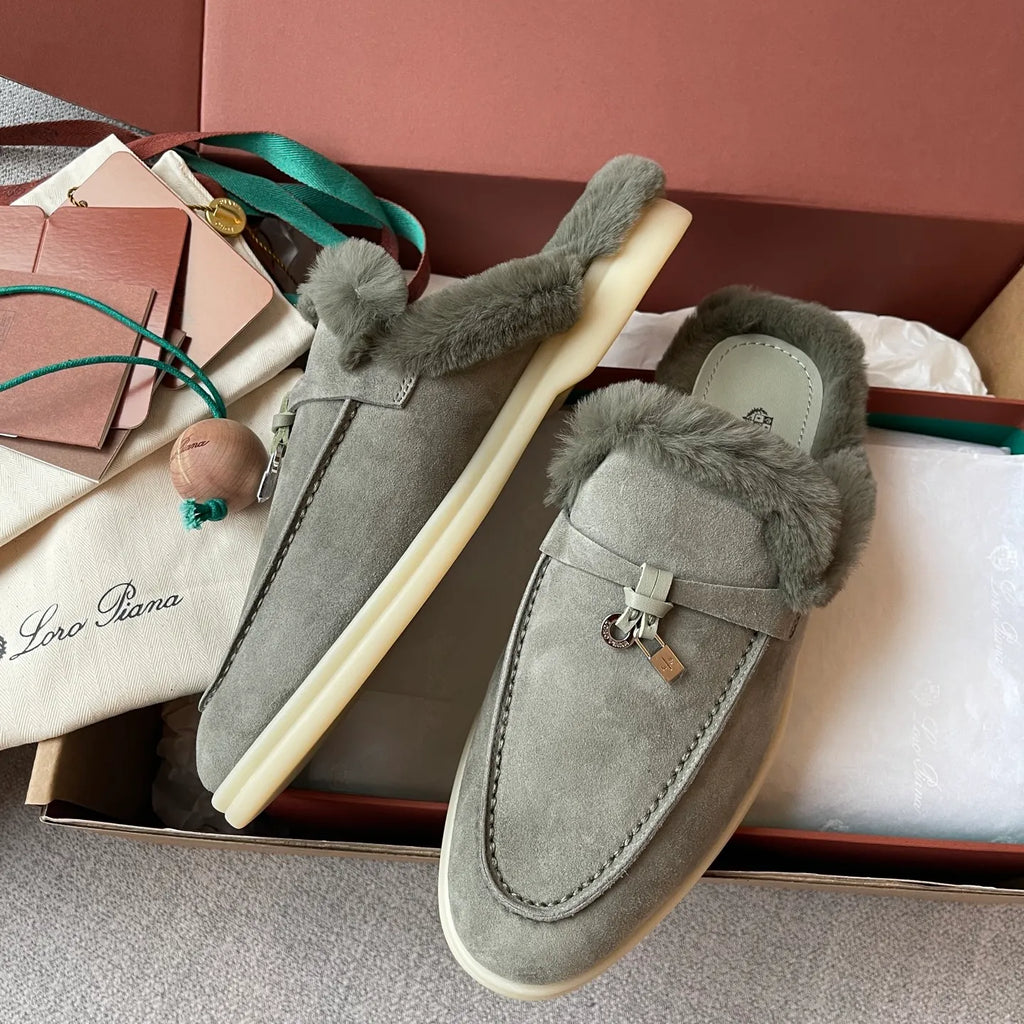 Women's Suede Beaver Fur Slippers 281099