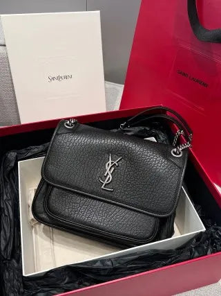 YSL Niki Medium Elephant Embossed Lambskin Chain Bag Black Vintage Silver 112548