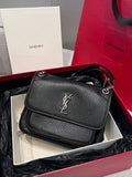 YSL Niki Medium Elephant Embossed Lambskin Chain Bag Black Vintage Silver 112548