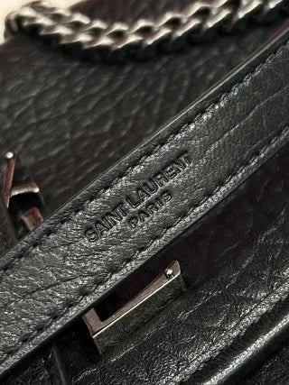 YSL Niki Medium Elephant Embossed Lambskin Chain Bag Black Vintage Silver 112548